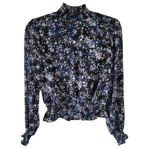 AQUA Floral Chiffon Blouse Mock Neck long Sleeves Top Size XS